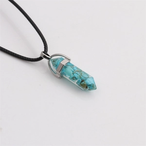 Hexagonal column necklace with blue and brown crushed stones on a black cord