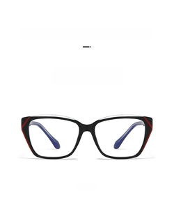 Front view of black cat-eye glasses with stylish red V-shaped stripe accents on the frame