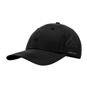 Lightweight black quick-dry golf cap with laser-cut side vents and GLWR GOLF logo