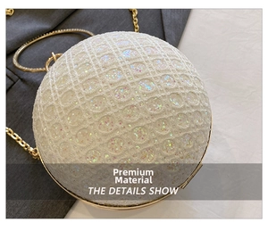 Macro detail of sphere evening bag with rainbow sequins, lace mesh, and gold metal handle