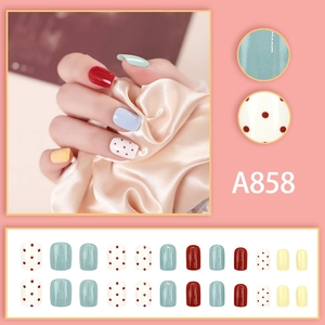Elegant press-on nails with colorful solid colors and polka dot patterns, model A858