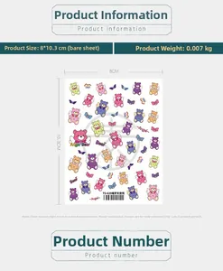 Macro detail of Angel Bear nail stickers showing a size of 8x10.3cm and various bear patterns