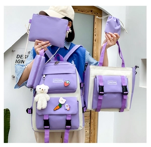 Detailed 5-piece student canvas backpack set in purple and beige with cute bear charm