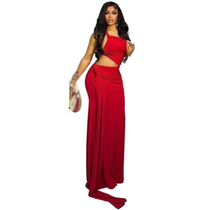 Slim fit red one-shoulder maxi dress with asymmetric pleated details and side cutouts