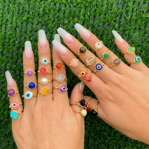 Hand Wrapped Wire Ring Gold Plated Copper Ethnic Evil Eye Natural Stone Bohemian Witchy Jewelry For Women
