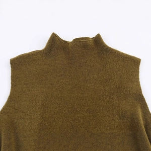 Brown high neck sleeveless knit vest top featuring side trim and textured wool blend
