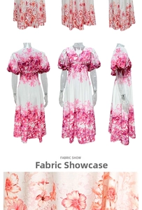 Close-up detail of floral chiffon fabric texture and print on a V-neck puff sleeve dress