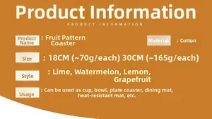 Detailed size and material specifications for fruit-themed cotton woven table mats