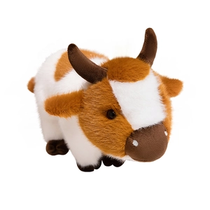 Plush brown and white highland cow doll with curved horns on white background