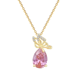 Pink teardrop crystal butterfly pendant necklace with gold plated chain and white zircons