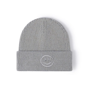 Winter grey knit beanie with smiley face embroidery and ribbed texture for men