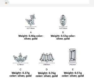 Detailed size chart for five S925 silver cubic zirconia stud earrings styles A to E