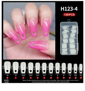 Size chart for 12 sizes of coffin-shaped fake nails with heart cutout details