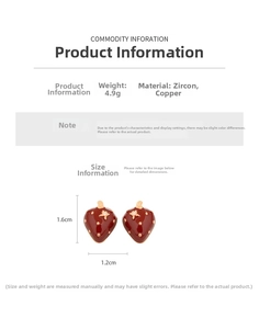 Detail view showing strawberry earrings dimensions with zircon and gold plating