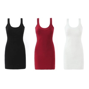 Bodycon sleeveless knit mini dress set in black red and white classic colors