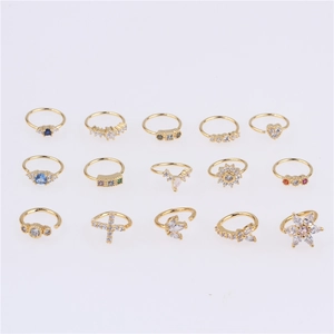 15-piece 18K gold plated nose and cartilage ring set with colorful cubic zirconia