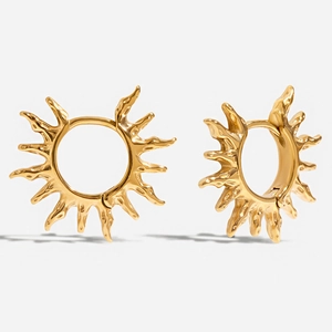 Modern minimalist 18K gold plated stainless steel sunburst hoop earrings with textured finish