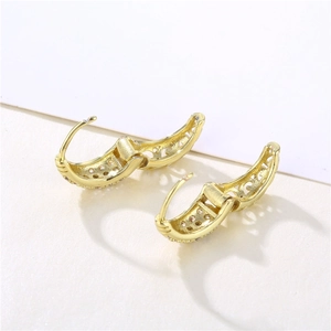 18k gold vintage hollow oval hoop earrings with CZ stone carvings in retro style