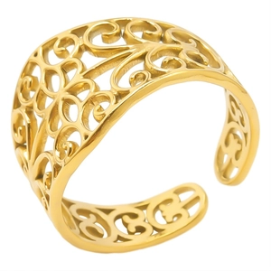 Bague ajustable en acier inoxydable doré avec motif floral ajouré de style minimaliste