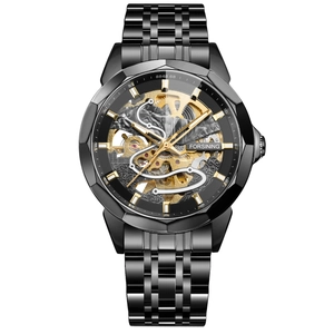 FORSINING men's automatic mechanical watch with hollow dial and black steel bracelet