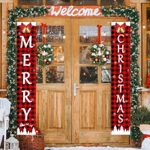 Merry Christmas banner set with red and black buffalo plaid for outdoor porch door decor