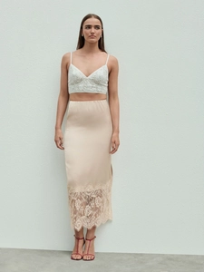 Elegant beige satin midi skirt with delicate lace trim and side slit for women