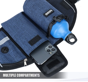 Blue outdoor dog walking waist bag featuring multiple compartments for bottles and phones