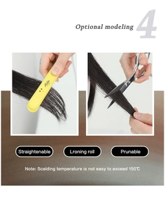 Detail showing synthetic hair being straightened and trimmed with 150°C heat limit