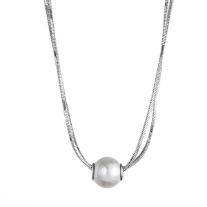 Elegant minimalist silver snake chain necklace with a large white pearl pendant