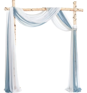 Detail of white and blue chiffon drapes with natural texture on a birch wood wedding arch