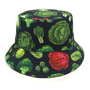 Unisex black bucket hat with vibrant vegetable patterns for outdoor summer leisure