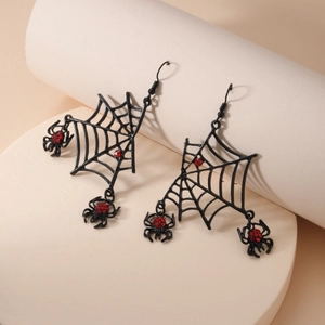 Gothic punk black spider web hook earrings with red rhinestones for Halloween party style