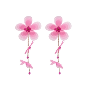 Pink chiffon flower tassel earrings with golden chains and beads for women