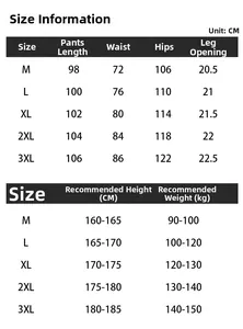 Detailed size chart for men's casual straight pants showing measurements from M to 3XL