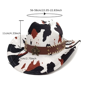 Western cowboy hat with cow print, brown leather band and star badge for men and women