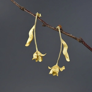 Tulip Dangle Earrings 925 Sterling Silver 18K Gold Plated Handmade Floral Nature Style Jewelry For Women