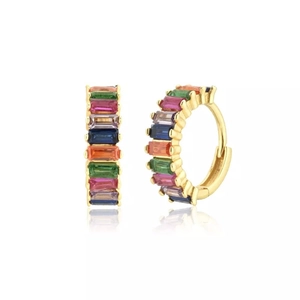 Rainbow baguette zircon hoop earrings in gold plating shown with a mirror reflection