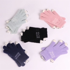 Winter knitted gloves for women with Cute Girl embroidery in five various soft colors