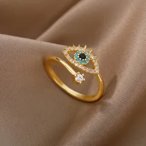 Evil Eye Open Adjustable Ring Vintage Bohemian Style Copper Enamel Cubic Zirconia Niche Statement Jewelry For Women