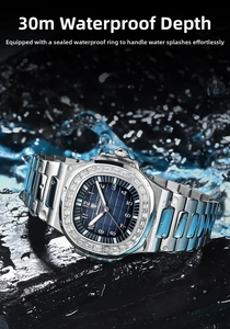Waterproof luxury quartz watch with diamond bezel and blue dial on wet rocks