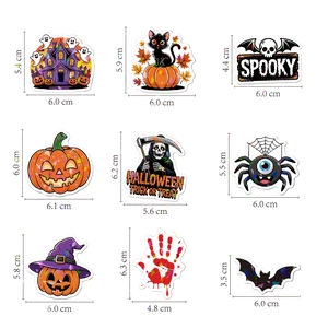 Detailed size guide for holographic Halloween stickers featuring ghosts and pumpkins