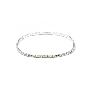 Macro shot of single row elastic bracelet with 2.0mm rainbow AB rhinestones and silver base