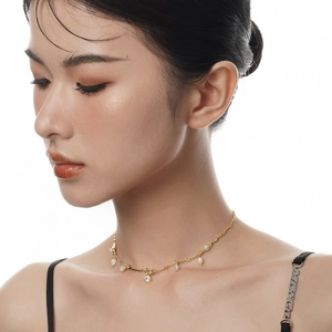 Elegant 925 sterling silver gold necklace with pearl and diamond pendant on model