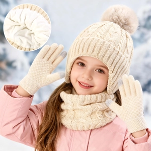 Kids cable knit winter set with fleece lined earflap hat, scarf and gloves in beige