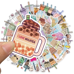 Close-up of waterproof bubble tea stickers for scrapbooking with milk tea patterns