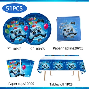 51-piece blue game controller themed party set with plates napkins and tablecloth