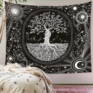 Detailed view of black and white Tree of Life tapestry in a minimalist bedroom decor