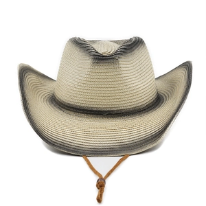 Western style straw cowboy hat with beige gradient weave and adjustable wind strap