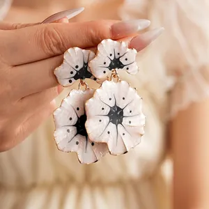 Vintage large white enamel ginkgo flower earrings with gold plated edges for women