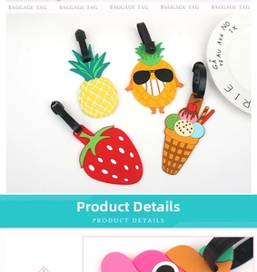 Colorful silicone fruit luggage tags featuring strawberry and pineapple with adjustable straps